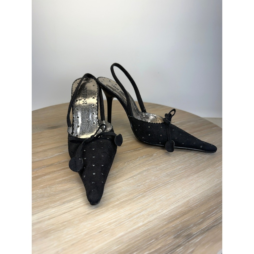 Unbranded Womens 7 Slingback Heels Black Bow Faux Suede Pointy Toe Stiletto